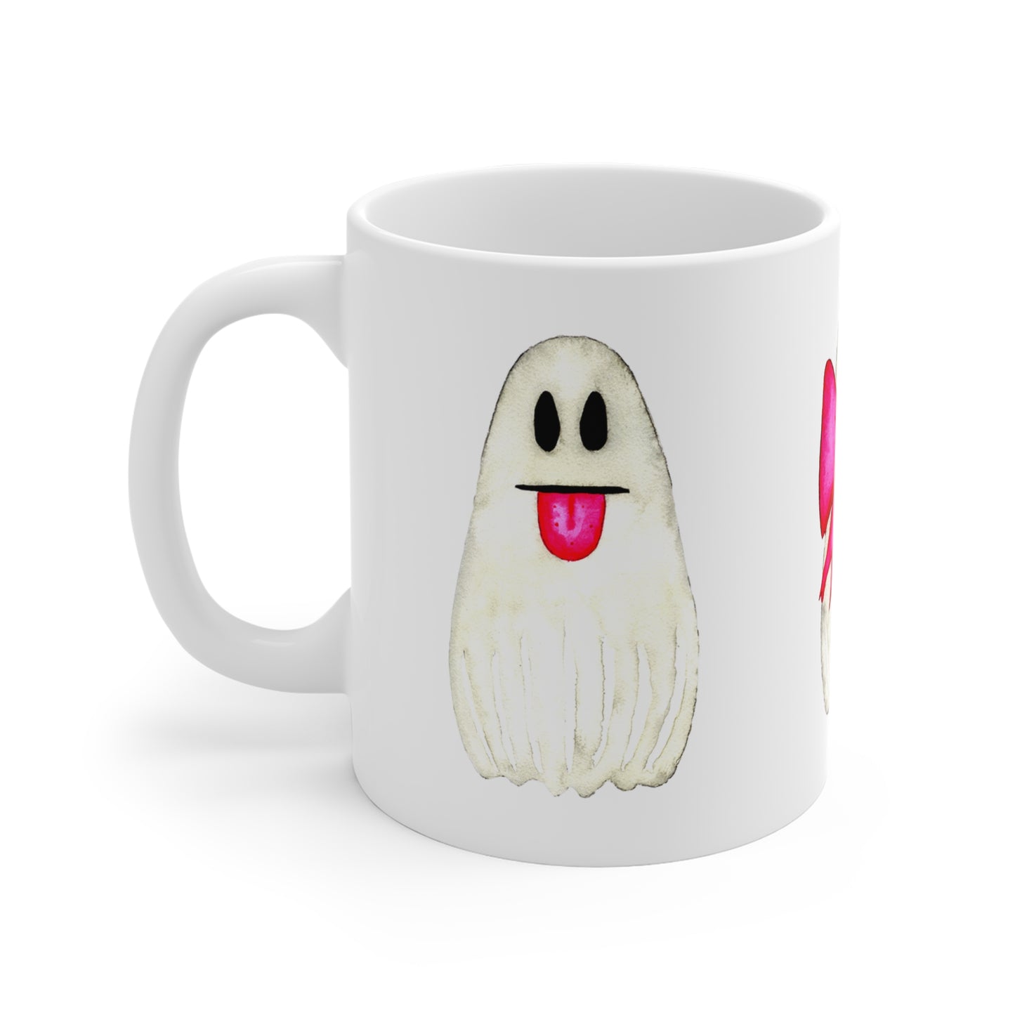 Süße Halloween Tasse | Keramiktasse Geist mit pinker Schleife | Geschenkidee Herbst | Spülmaschinenfest & mikrowellengeeignet