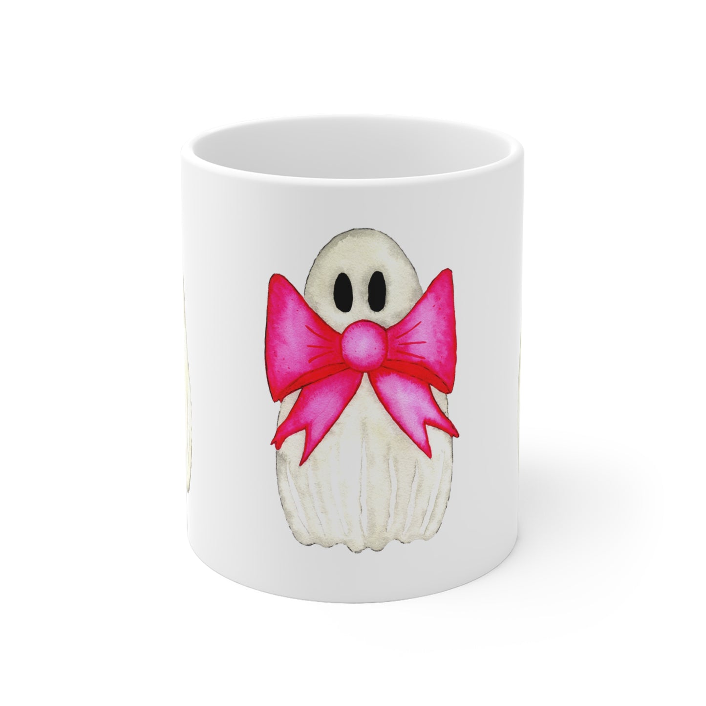 Süße Halloween Tasse | Keramiktasse Geist mit pinker Schleife | Geschenkidee Herbst | Spülmaschinenfest & mikrowellengeeignet